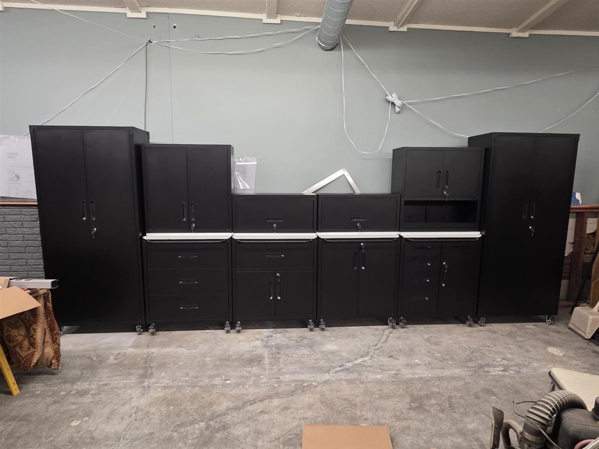Heavy duty overhead ceiling garage storage rack loaded with storage totes