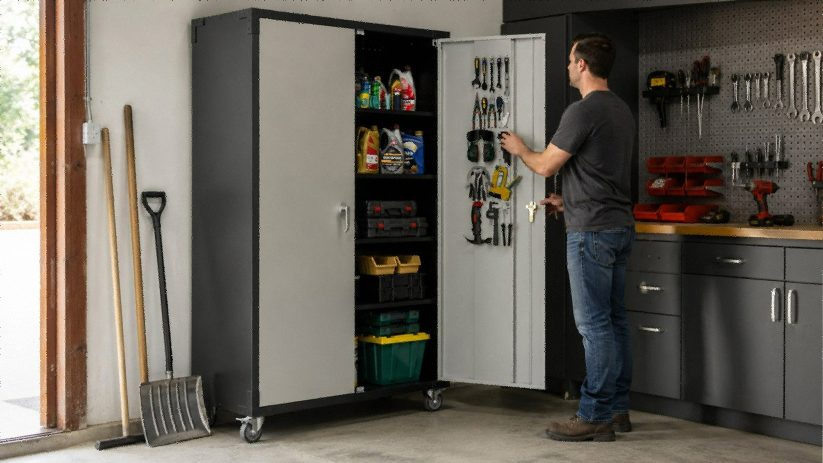 VINGLI Upgraded Wide & Deep Garage Storage Cabinet with Pegboards and Wheels