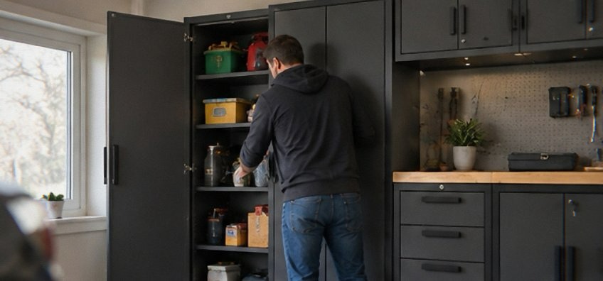 Two steel garage storage setups, a full wall cabinet kit and a tall rolling cabinet
