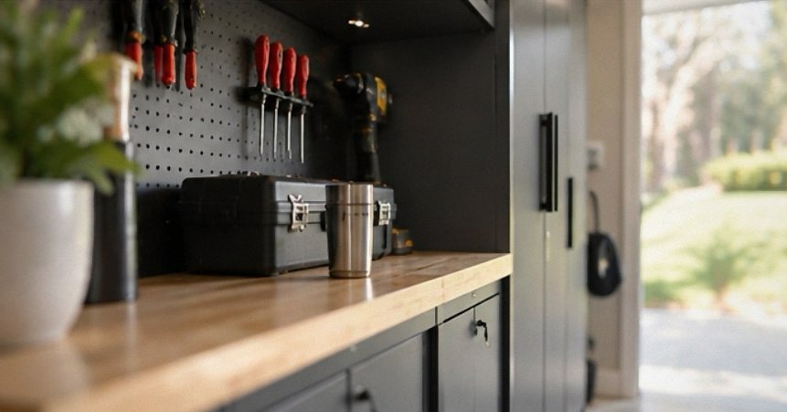 Two steel garage storage setups, a full wall cabinet kit and a tall rolling cabinet