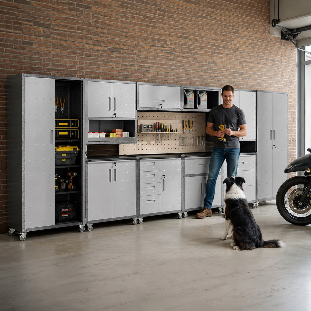 FLIXELIO 10 PCS garage storage cabinet system installed in a residential garage