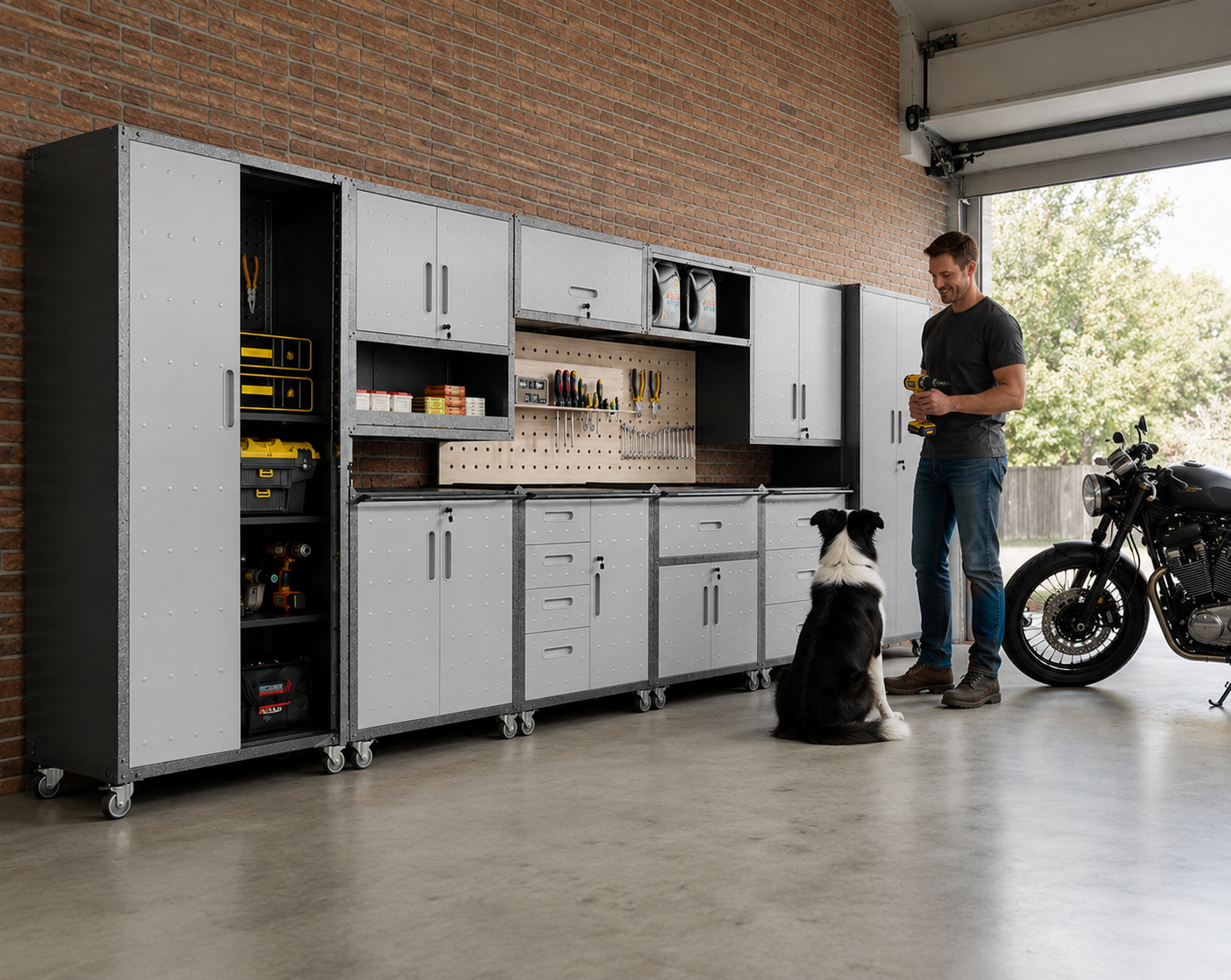 Rolling workbench cabinets with drawers showing organized tool storage