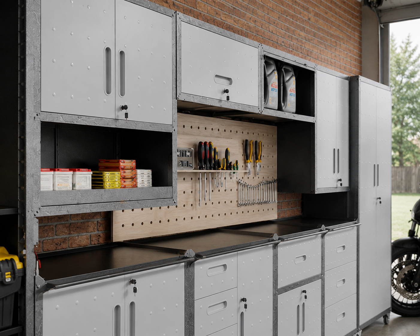 Tall locking cabinets and pegboard panel installed showing storage organization