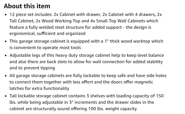 Torin 12-Piece dimensional drawing showing all cabinet sizes