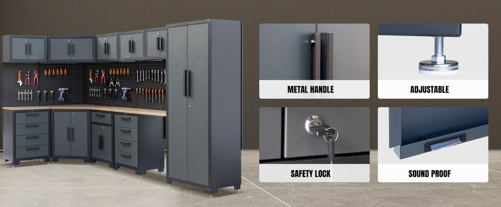 HPDMC 15-piece system promotional image showing complete L-shaped corner workshop with all 15 pieces labeled including locker, wall cabinet, corner wall cabinet, and pegboard