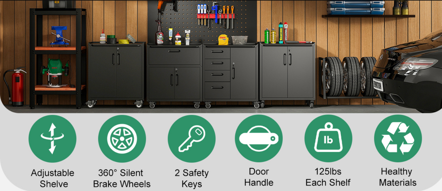 VIYET 10-Piece Heavy Duty Steel Garage Cabinet System installed showing premium construction quality