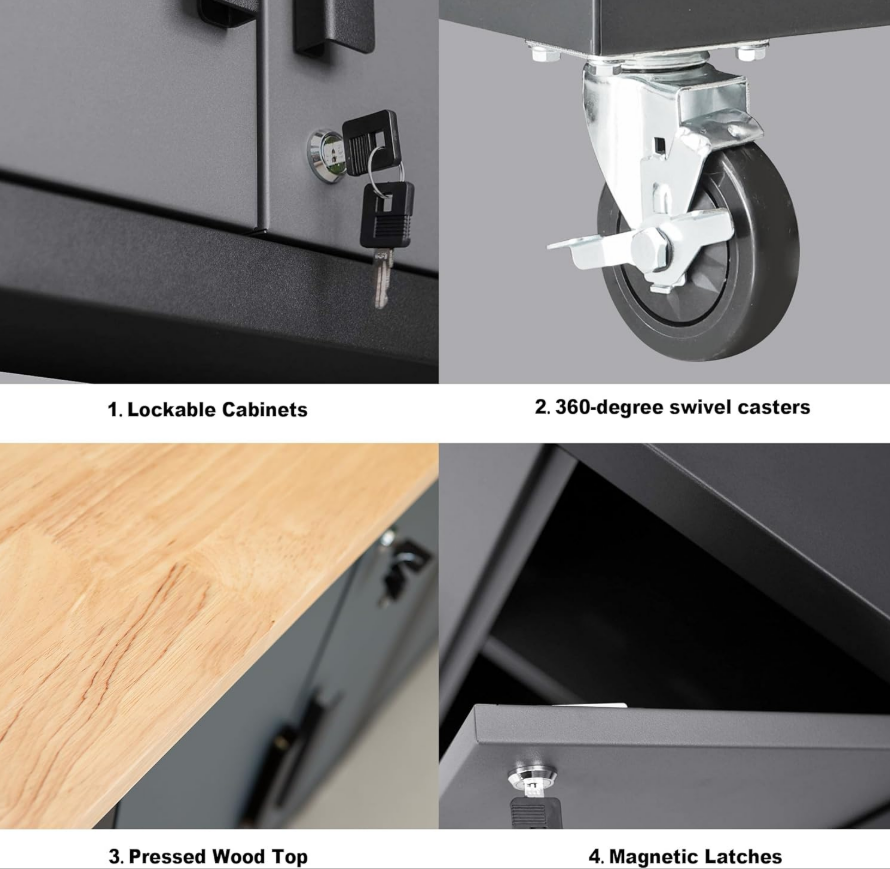 Locking mechanism, swivel casters, pressed wood top, and magnetic latch detail