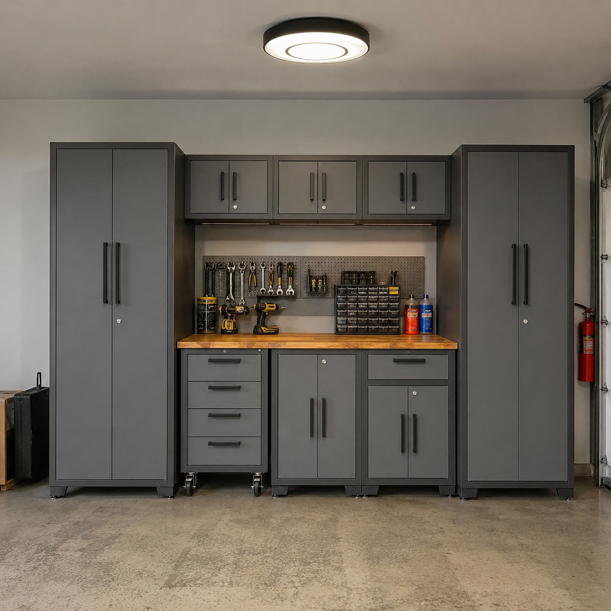 Torin 9 Piece garage cabinets storage system installed in a two-car garage