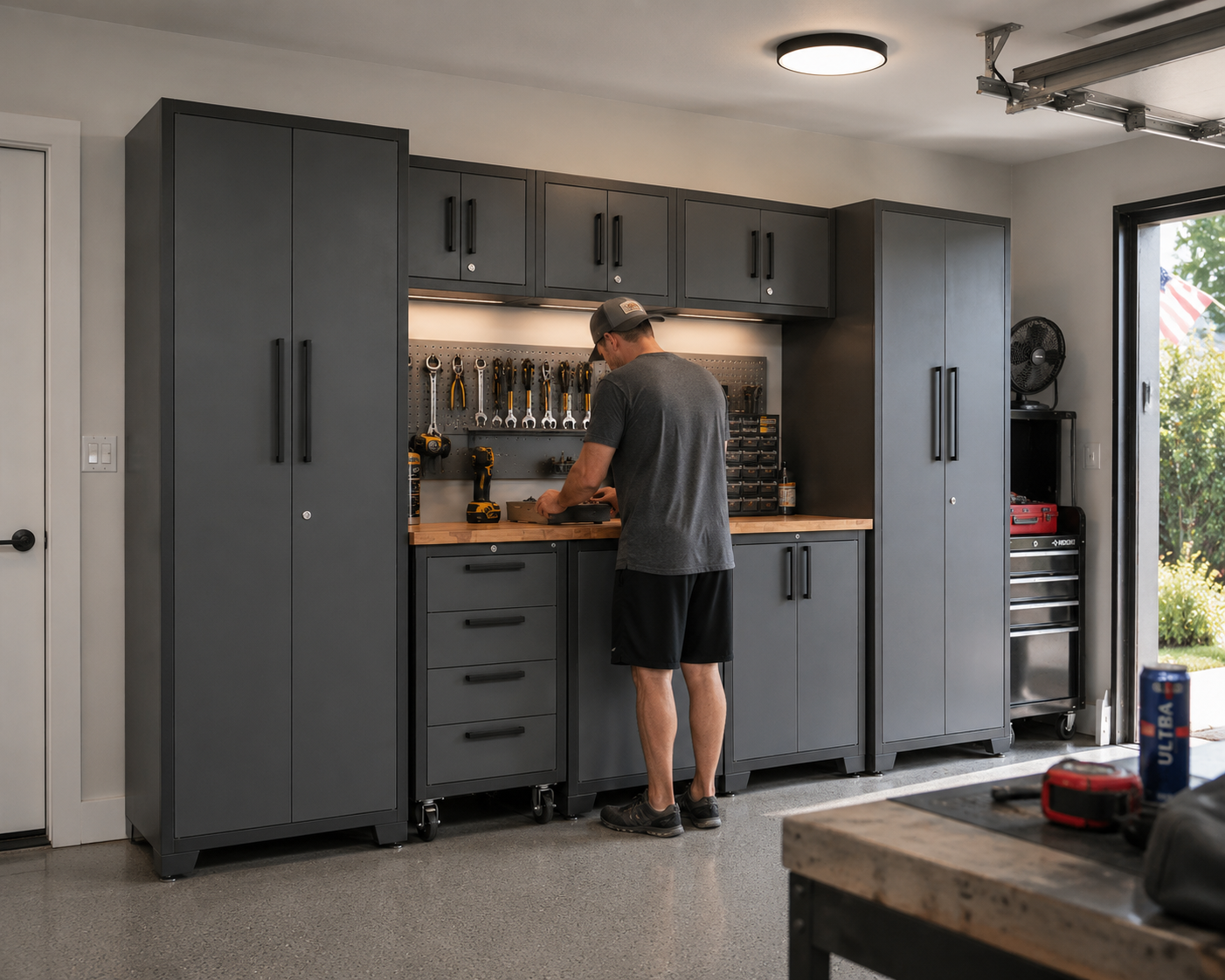 Welded steel tall cabinet showing rigid construction and adjustable shelving