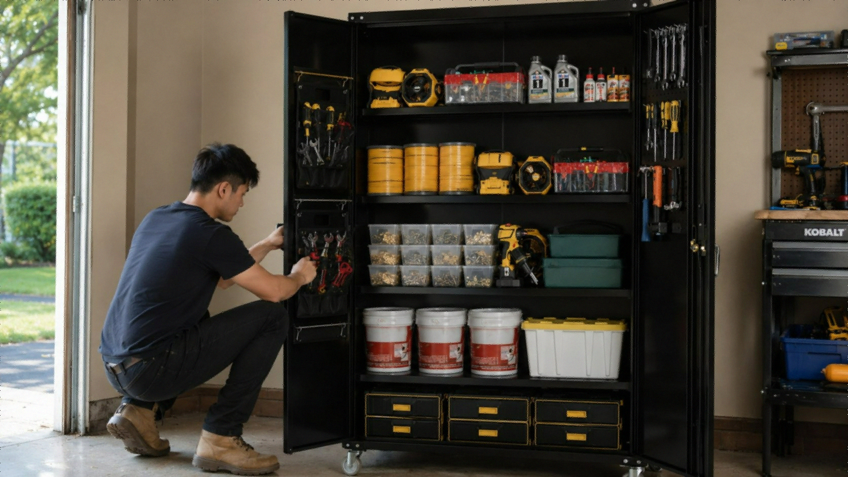biosp 72 inch metal garage storage cabinet with wheels and pegboards