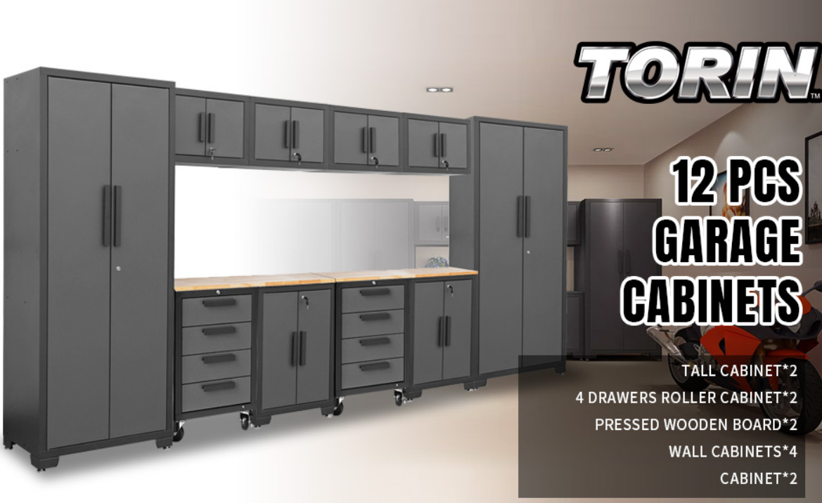 Torin 12-piece system installed in a real garage with car parked alongside
